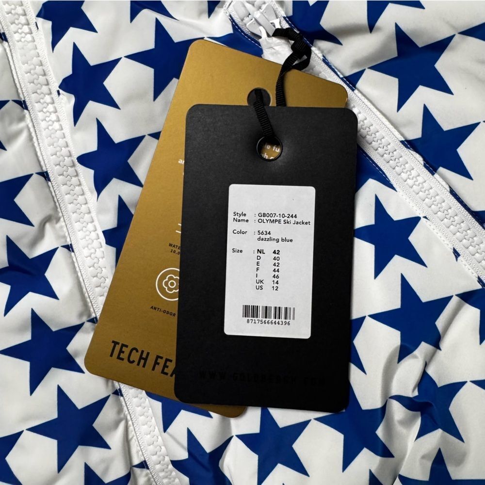 Goldbergh Olympe Goose Down Puffer Ski Jacket NWT US 12 Large White Blue Stars - Picture 6 of 10